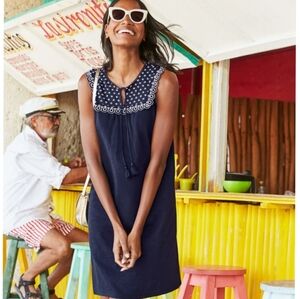 Boden Eyelet A-Line Cotton Nella Dress - Tassel Tie - Navy Blue, White - Size 10